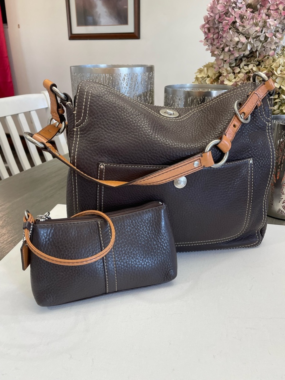 Coach Luxe Brown Pebbled Leather Shoulder Bag  Tote Purse w/ Wristlet Set